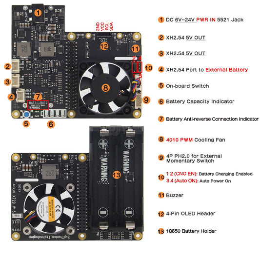 Raspberry Pi 5/4B/3B+/3B X729 18650 UPS (Max 5.1V 6A) with Wide 6-24V Input|Auto Power On|Safe Shutdown