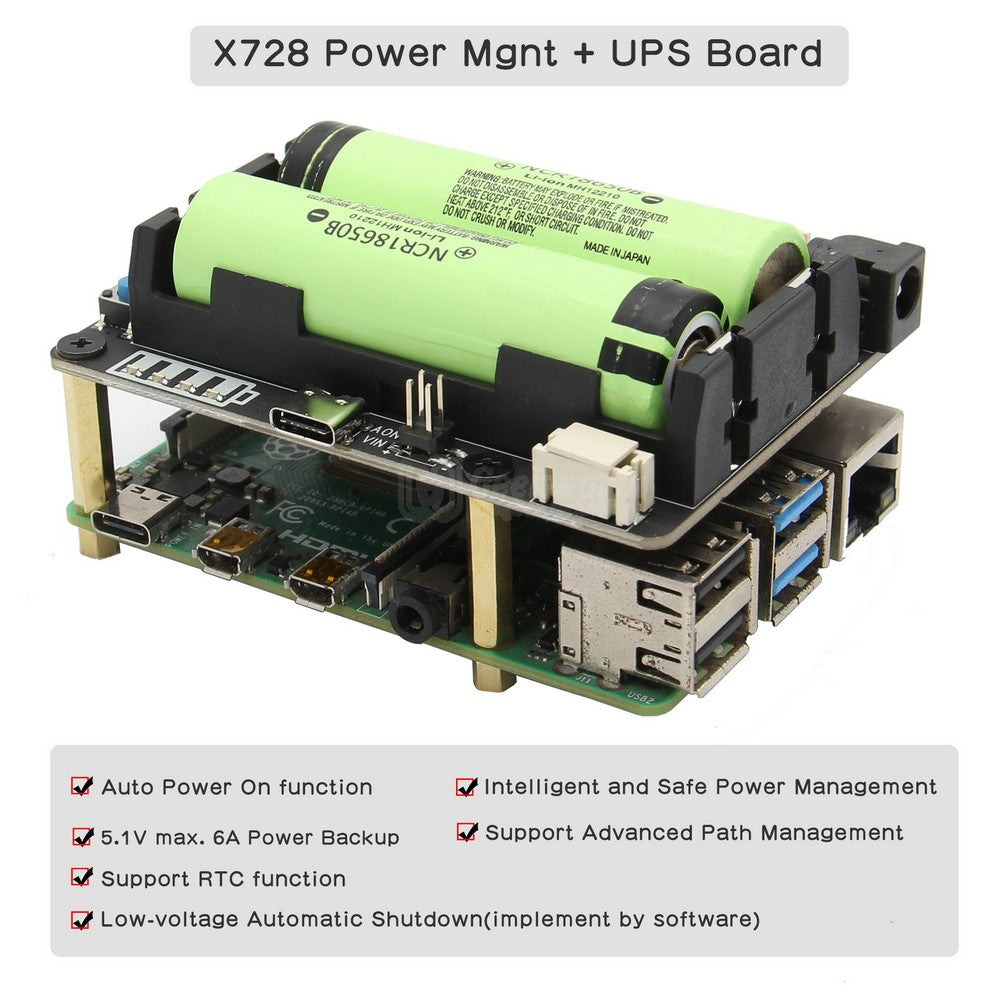 Geekworm Raspberry Pi X728 (Max 5.1V 6A) 18650 UPS & Power Management Board with Auto On & Safe Shutdown Function