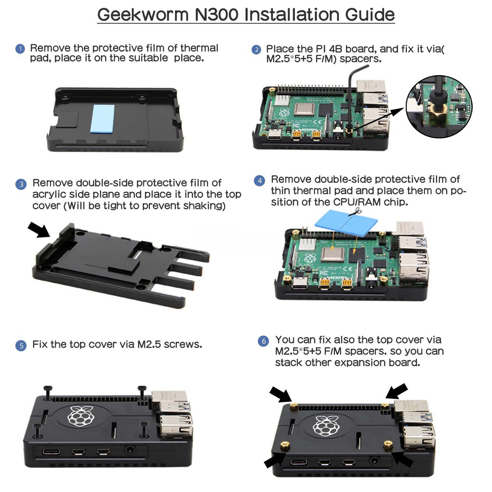 Raspberry Pi 4b 4gb outlets with heat sink with thermal pad and plate with thermal pad