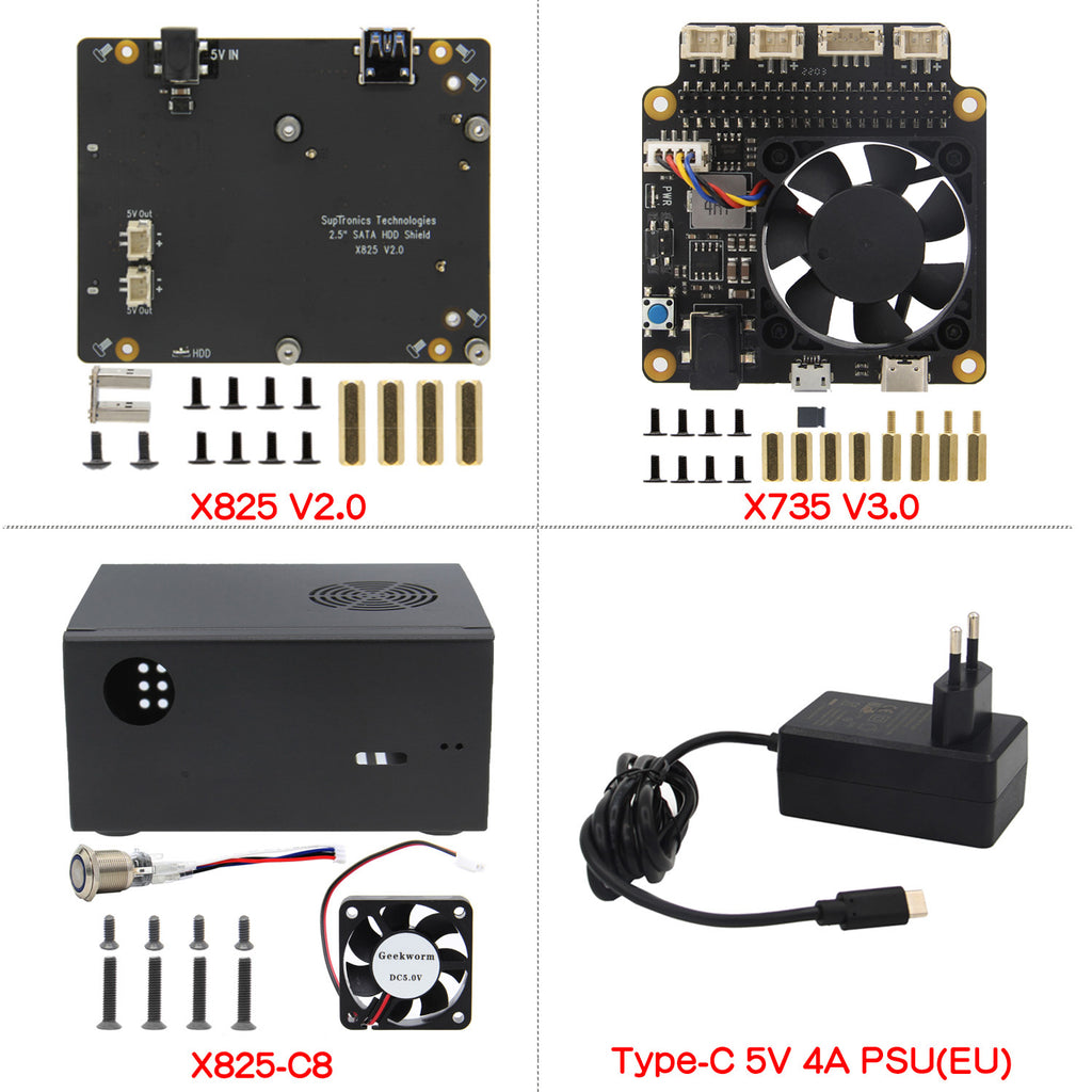 Geekworm X825 V2.0 2.5" SATA HDD/SSD Storage Board + X825-C8 Case + X735 V3.0 Power Management Board+Type-C 5V 4A Power Supply Kit