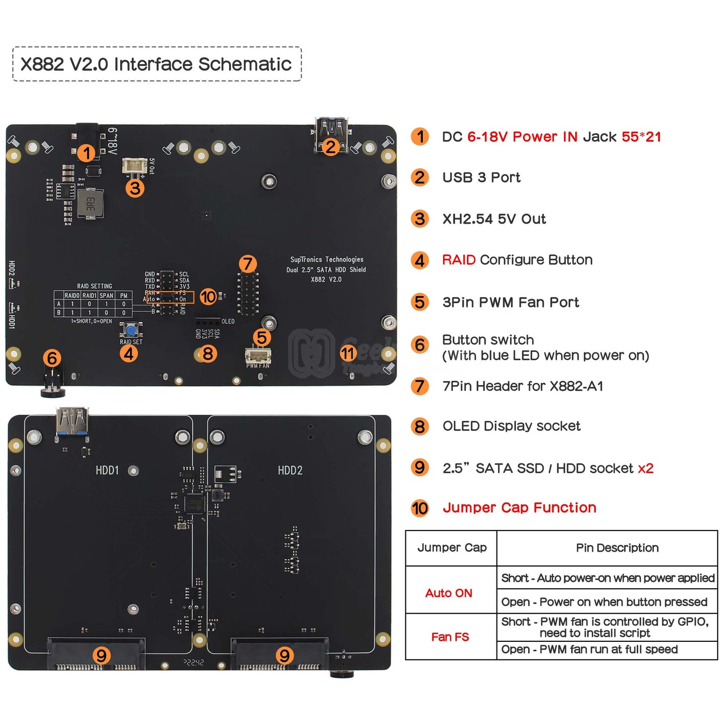 For Raspberry Pi 4, X882 V2.0 Dual 2.5" SATA HDD Expansion Board with Safe Shutdown Function