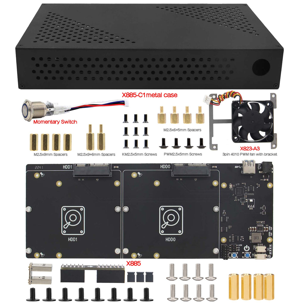 Geekworm NASPi Gemini 3.5 Dual 3.5'' SATA HDD NAS Storage Kit with DC 12V Voltage Input|Safe Shutdown|Auto Power On|RAID for Raspberry Pi 4
